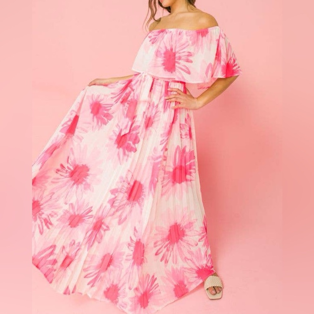 Pink Floral Off the Shoulder Maxi Dress